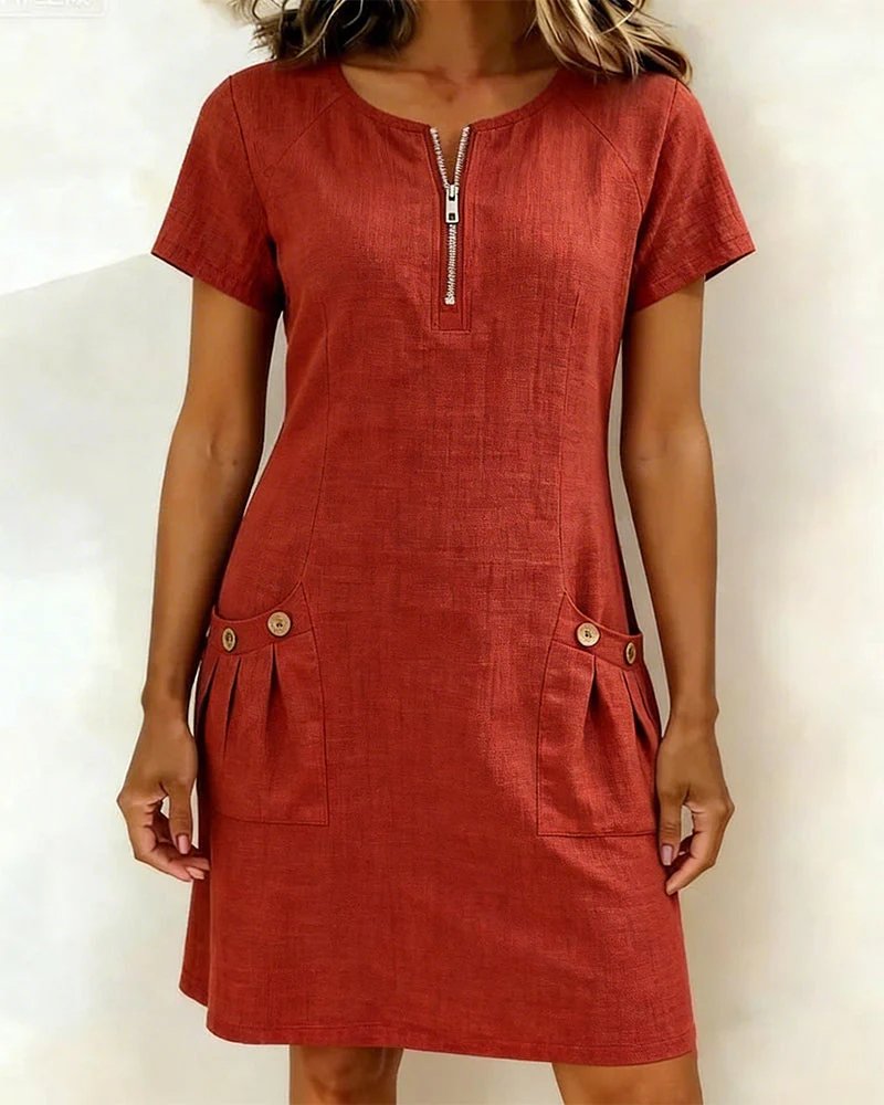 Bella A-Line Short-Sleeved Pocket Zipper Dress