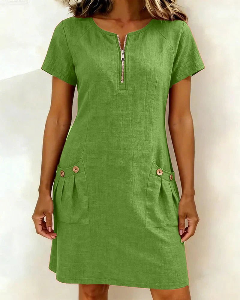 Bella A-Line Short-Sleeved Pocket Zipper Dress