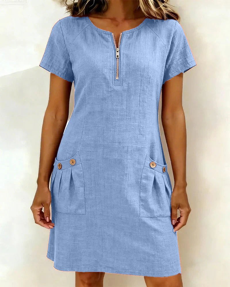 Bella A-Line Short-Sleeved Pocket Zipper Dress