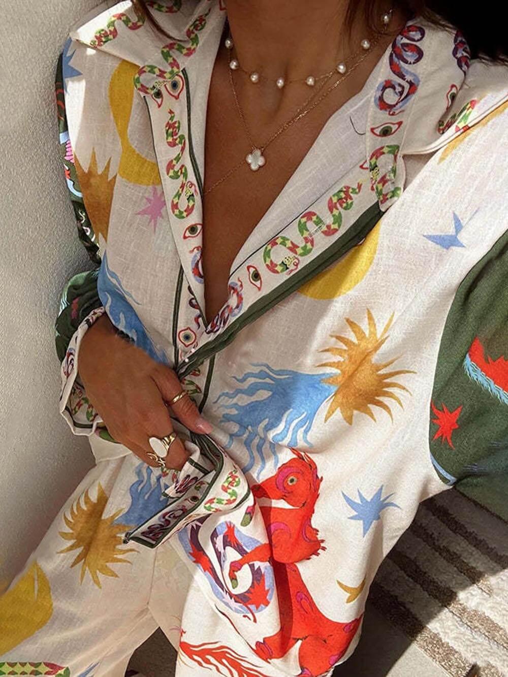 Isabella Unique Print Long Sleeve Shirt and Elastic Waist Pants Set