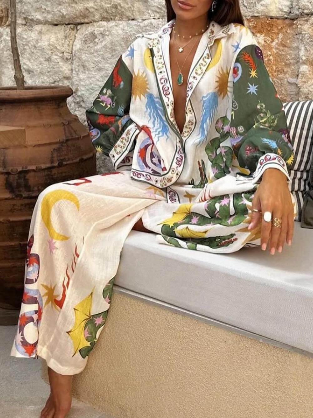 Isabella Unique Print Long Sleeve Shirt and Elastic Waist Pants Set