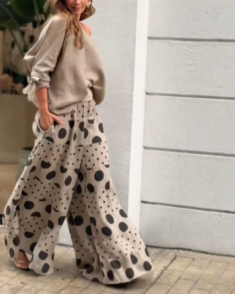 Samantha Casual Shoulder Top & Printed Pants Set