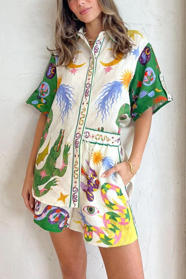 Heavenly Print Blouse and Pocketed Shorts Set