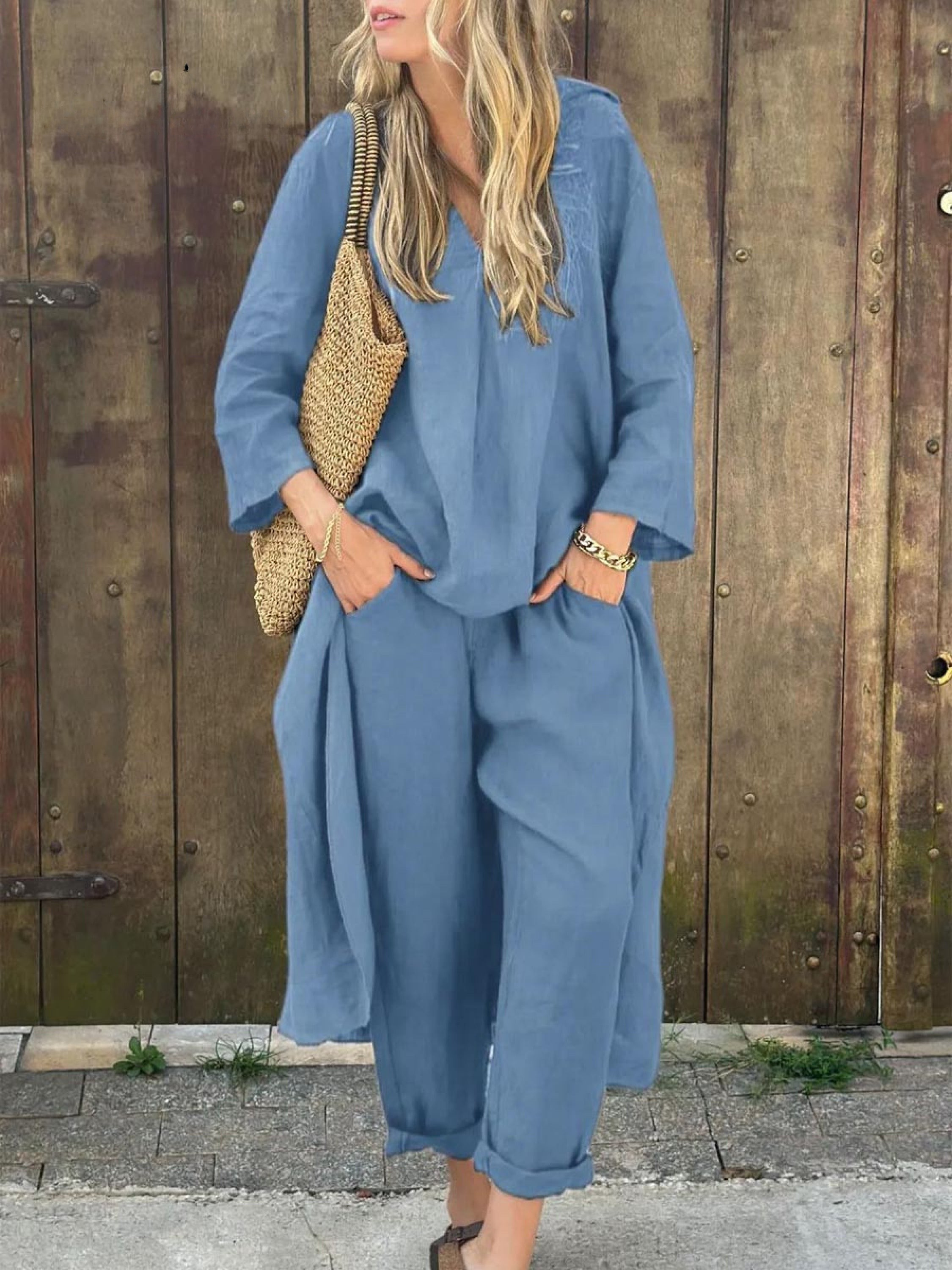 Lila V-neck Top and Wide-leg Pants Set