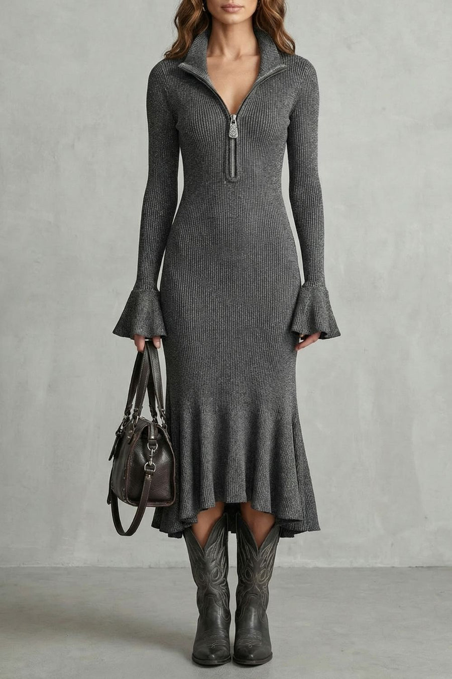 Veloria – Flared cuff elegance – Zip midi dress