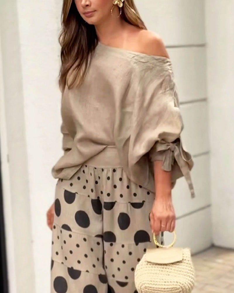 Samantha Casual Shoulder Top & Printed Pants Set