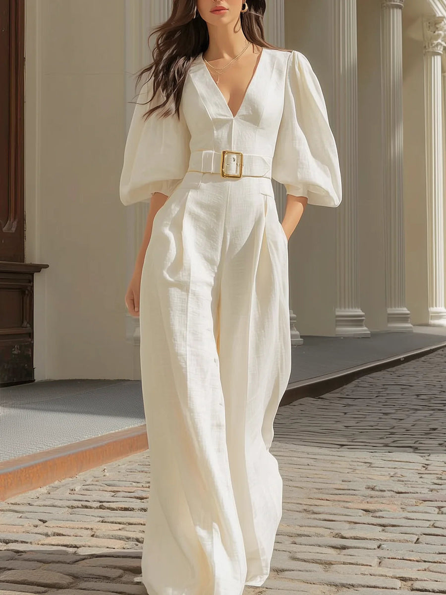 Isabella V-neck Lantern Sleeve Jumpsuit