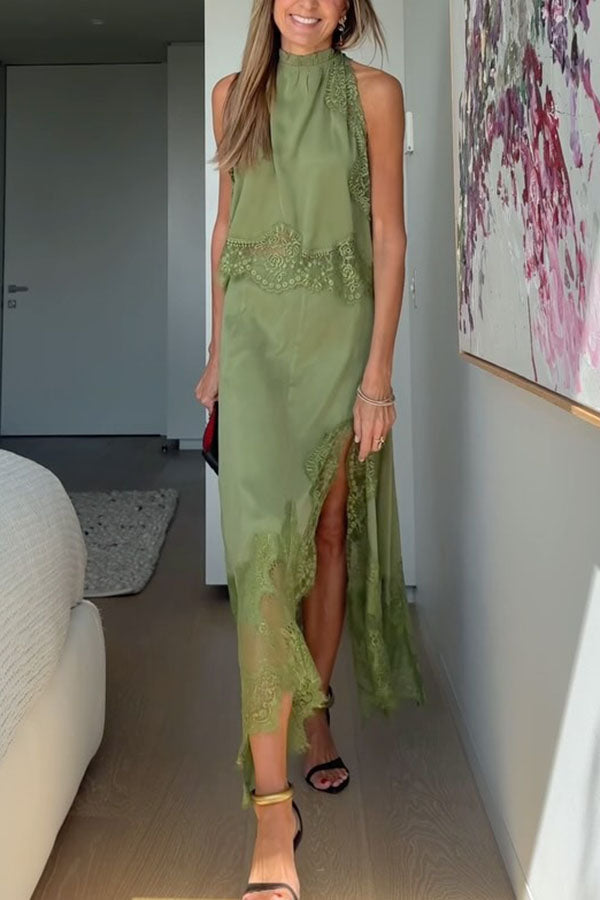 Isabella Lace Pleated Top + Irregular Slit Skirt Set