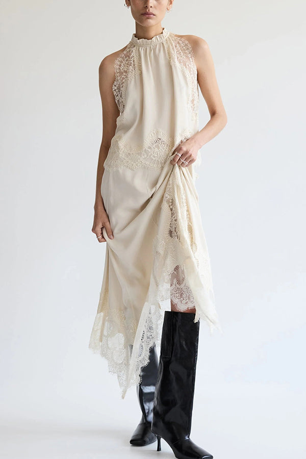 Isabella Lace Pleated Top + Irregular Slit Skirt Set