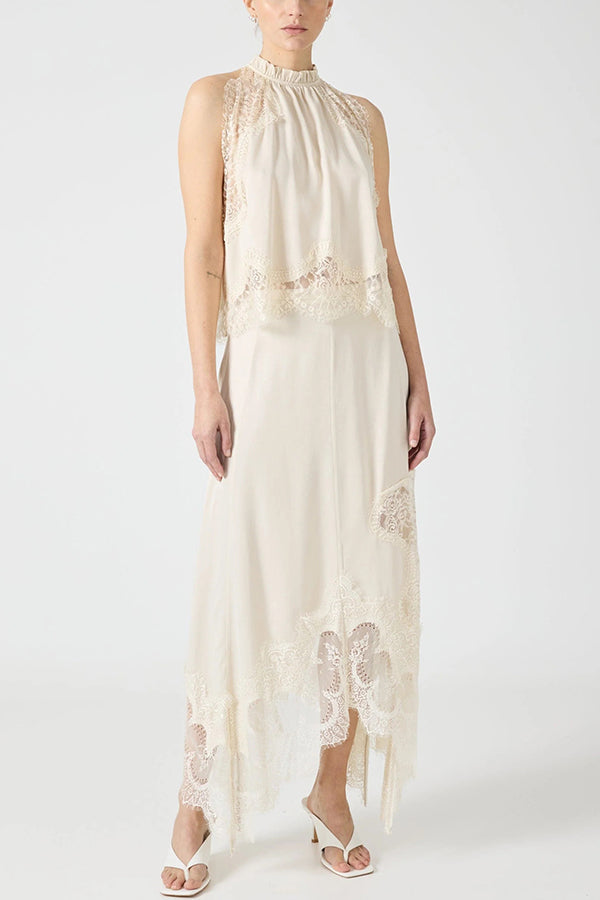 Isabella Lace Pleated Top + Irregular Slit Skirt Set
