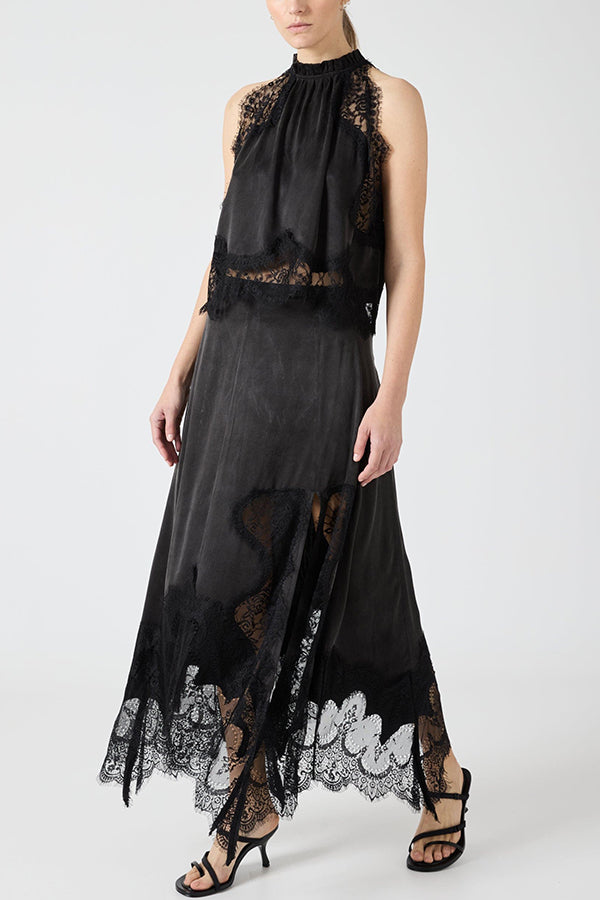 Isabella Lace Pleated Top + Irregular Slit Skirt Set