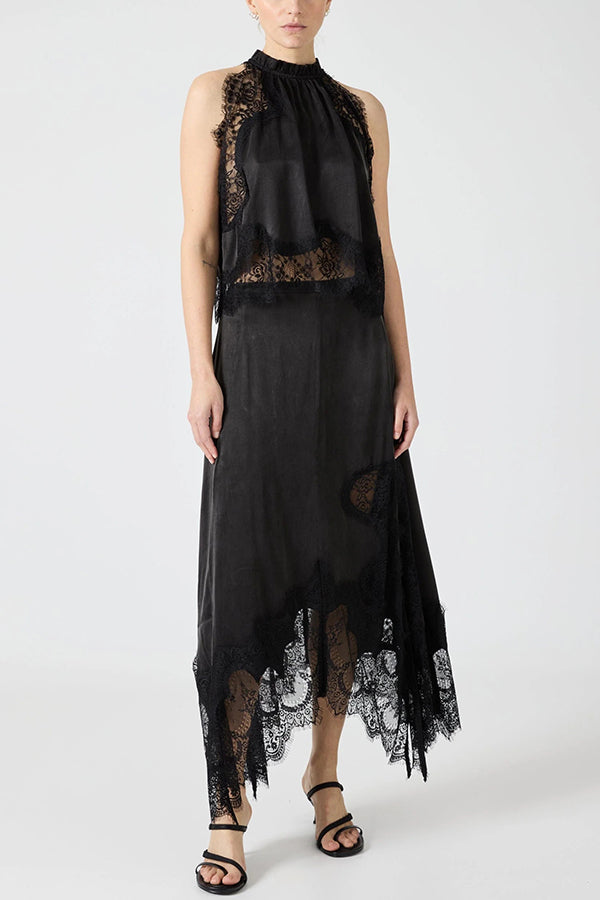 Isabella Lace Pleated Top + Irregular Slit Skirt Set