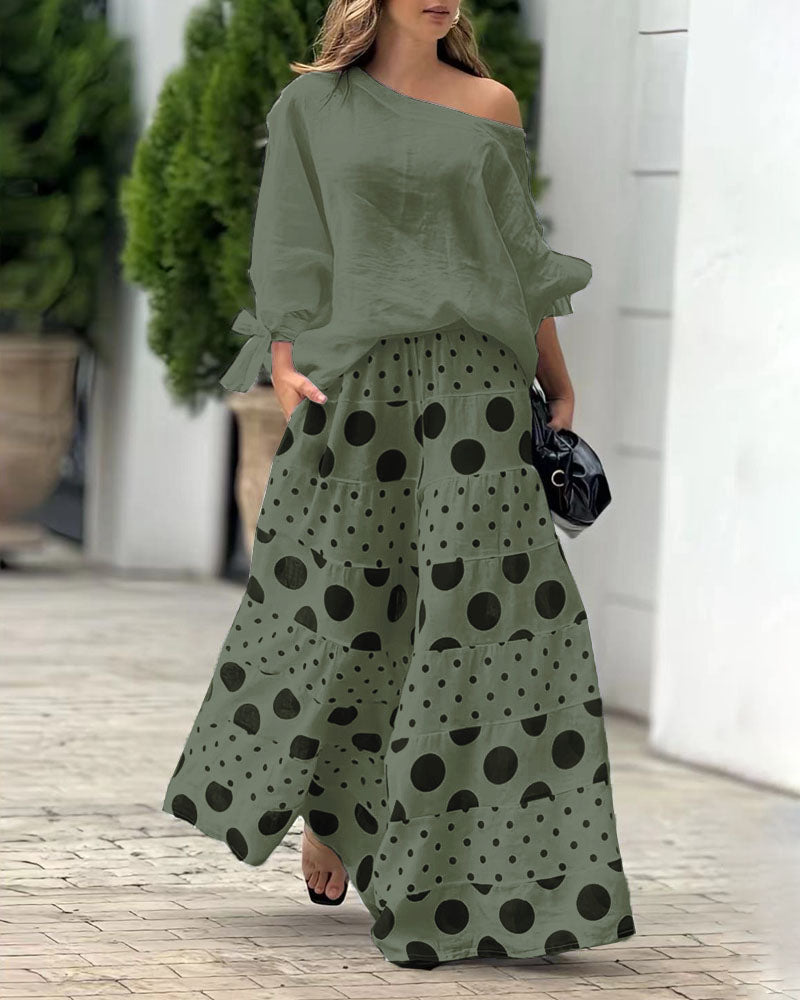 Samantha Casual Shoulder Top & Printed Pants Set