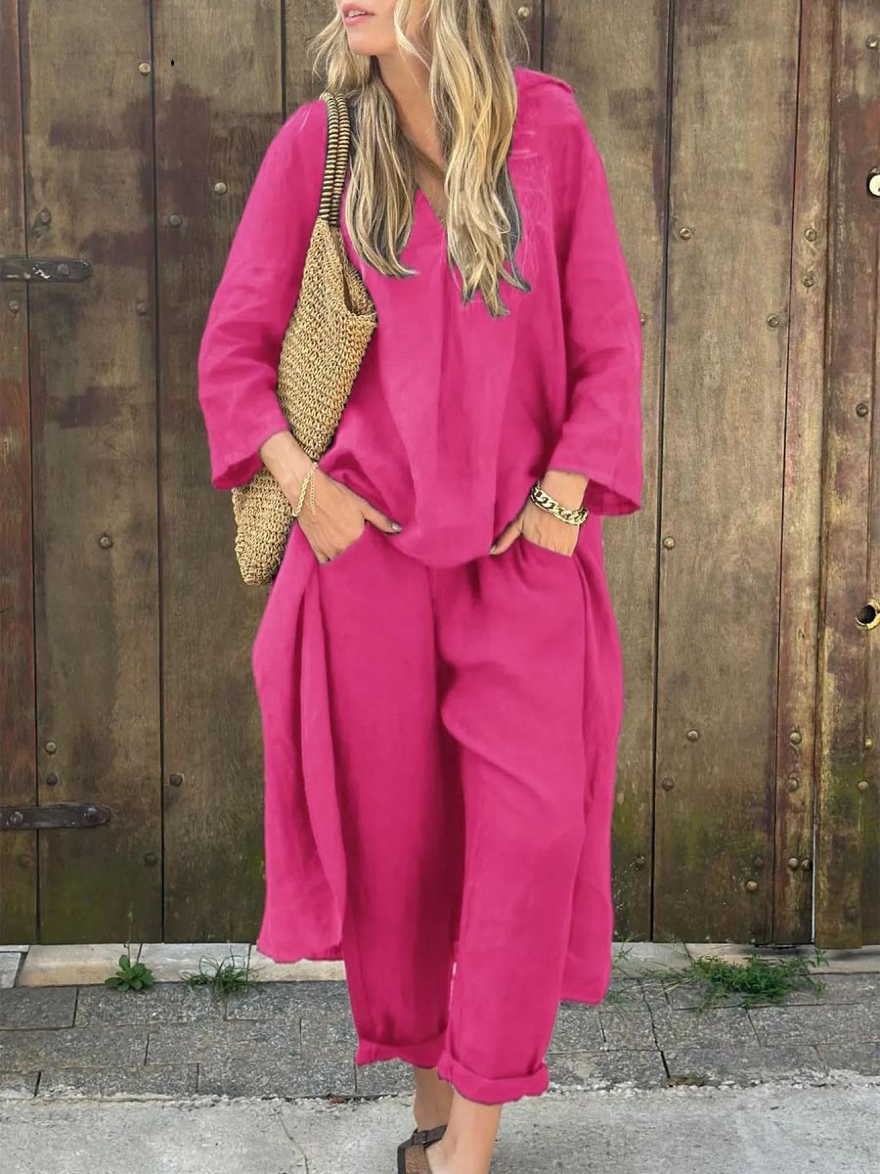 Lila V-neck Top and Wide-leg Pants Set