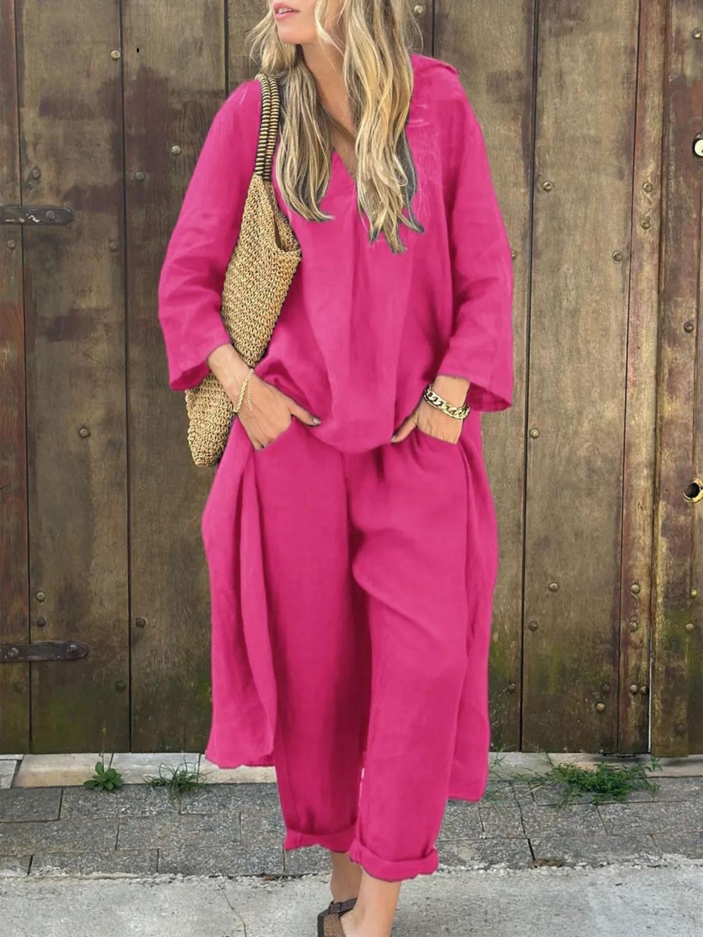 Lila V-neck Top and Wide-leg Pants Set