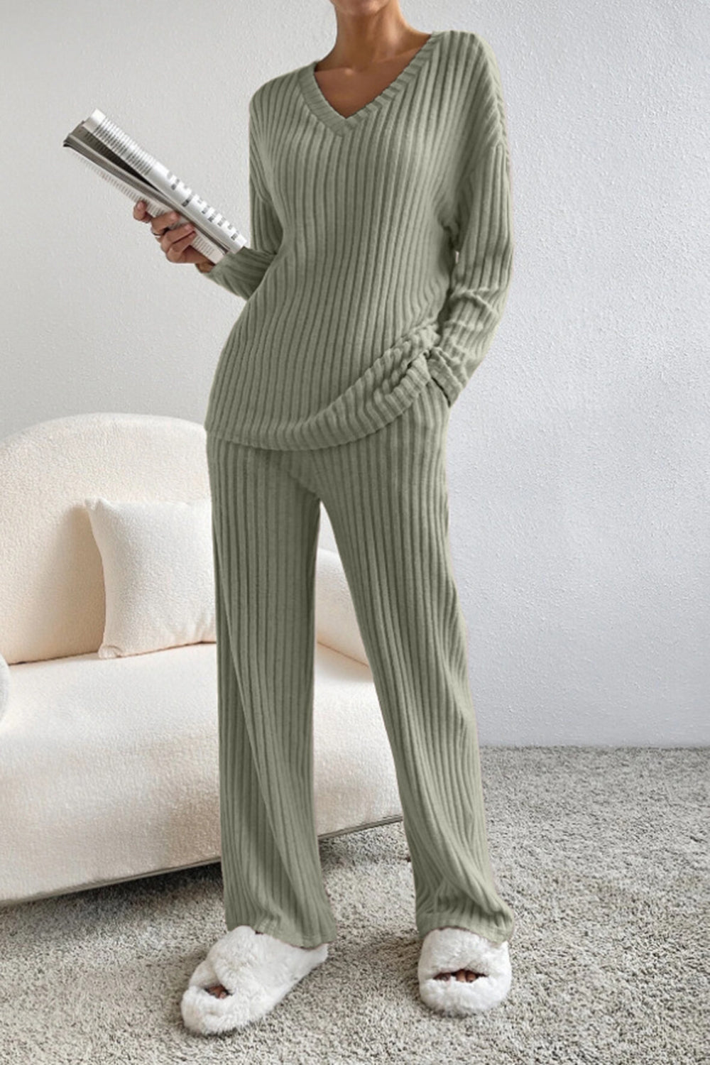 Sofia Ribbed V-Neck Top and Pants Set