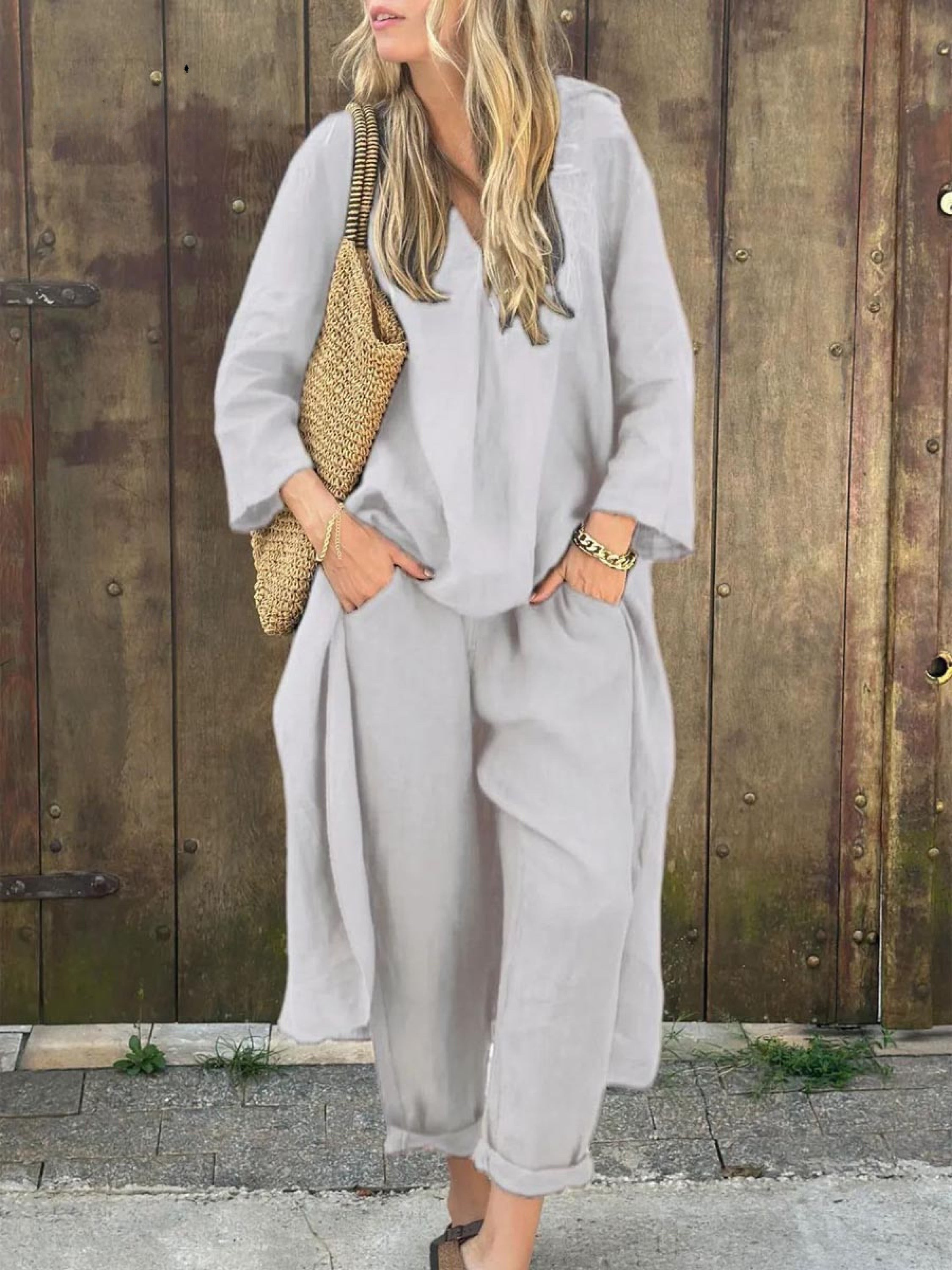Lila V-neck Top and Wide-leg Pants Set