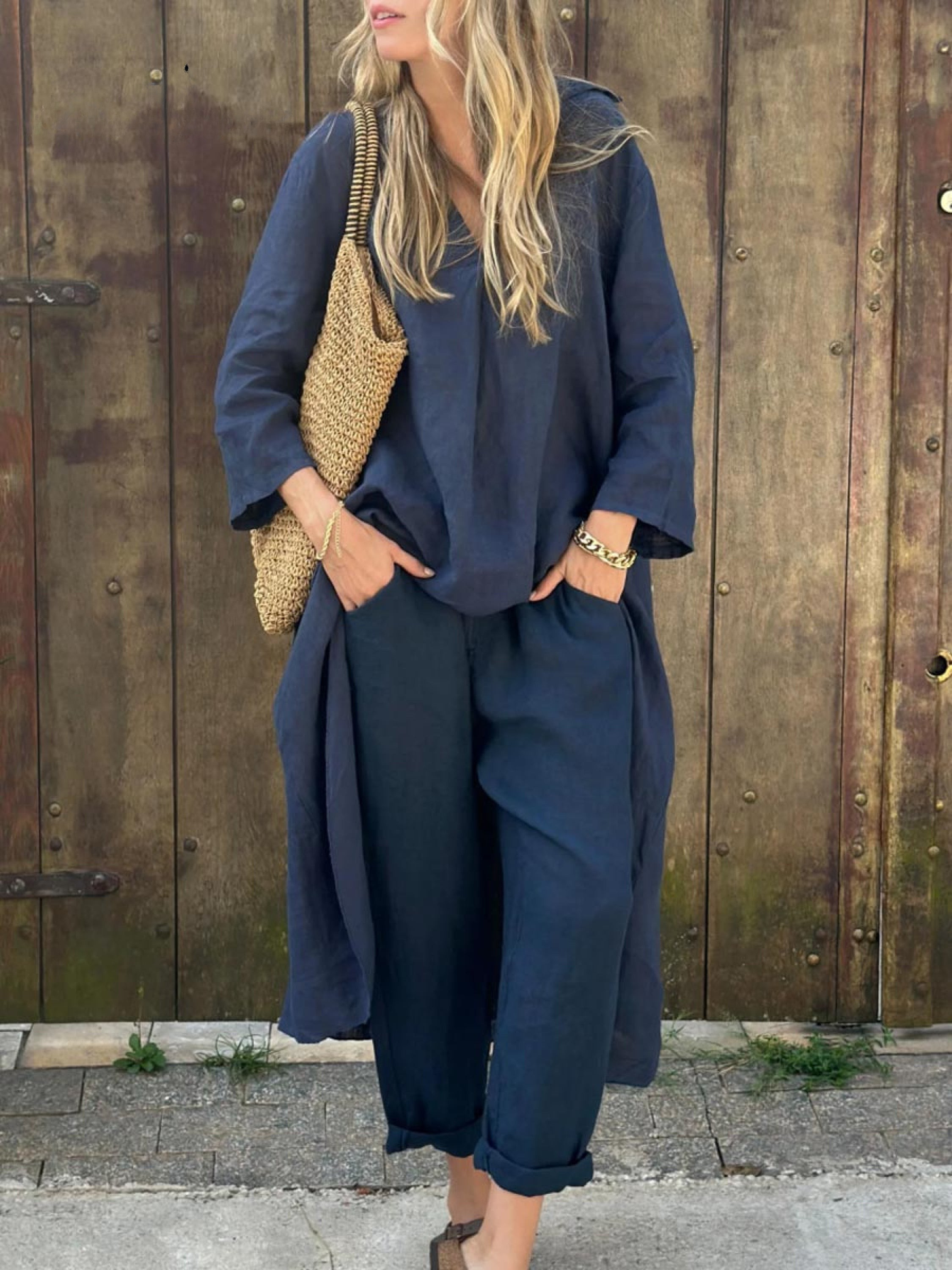 Lila V-neck Top and Wide-leg Pants Set
