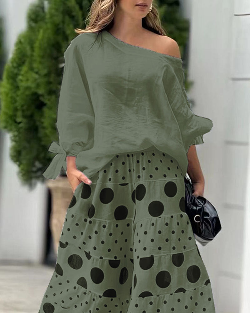 Samantha Casual Shoulder Top & Printed Pants Set