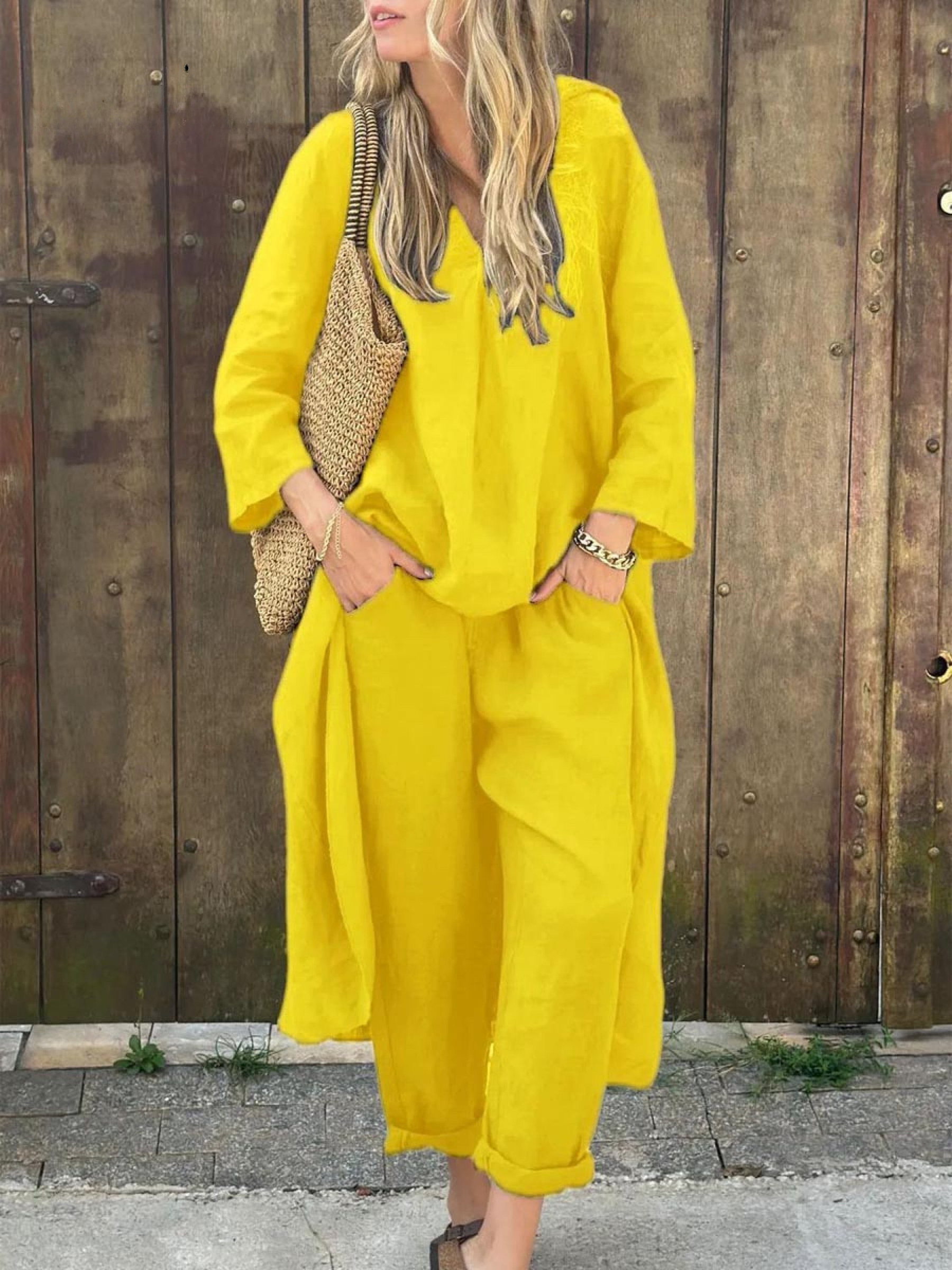 Lila V-neck Top and Wide-leg Pants Set