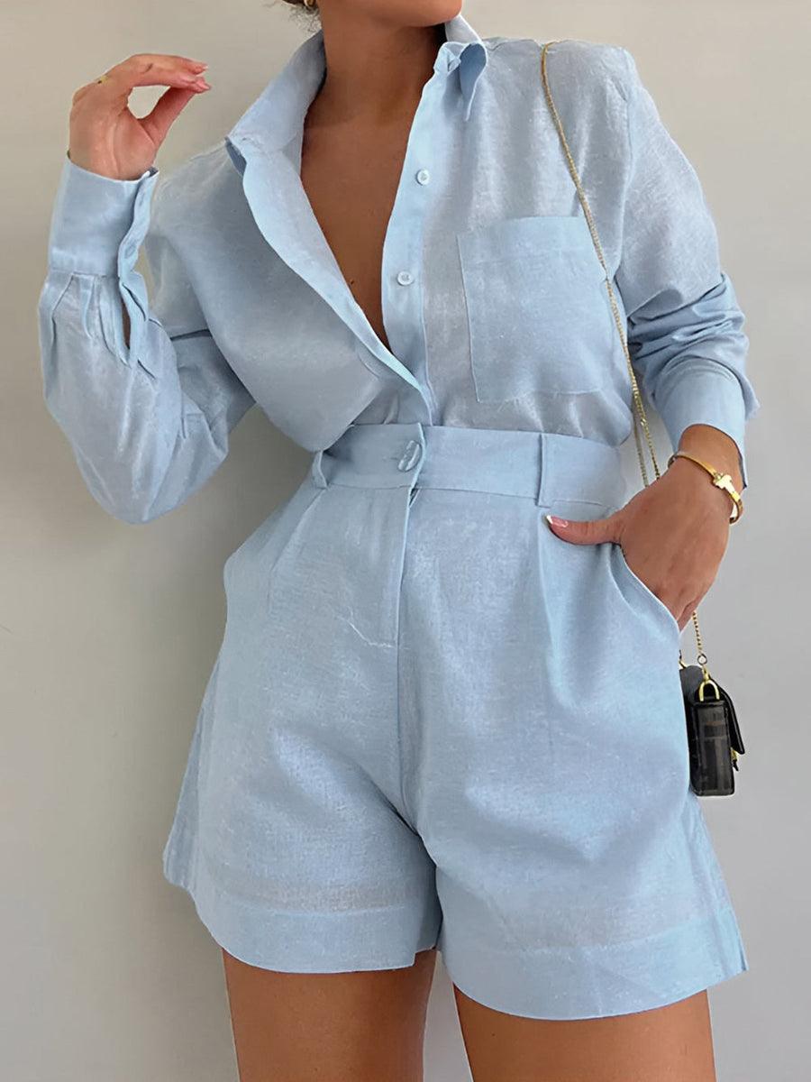 Lila Cotton and Linen Long Sleeve Shorts Set