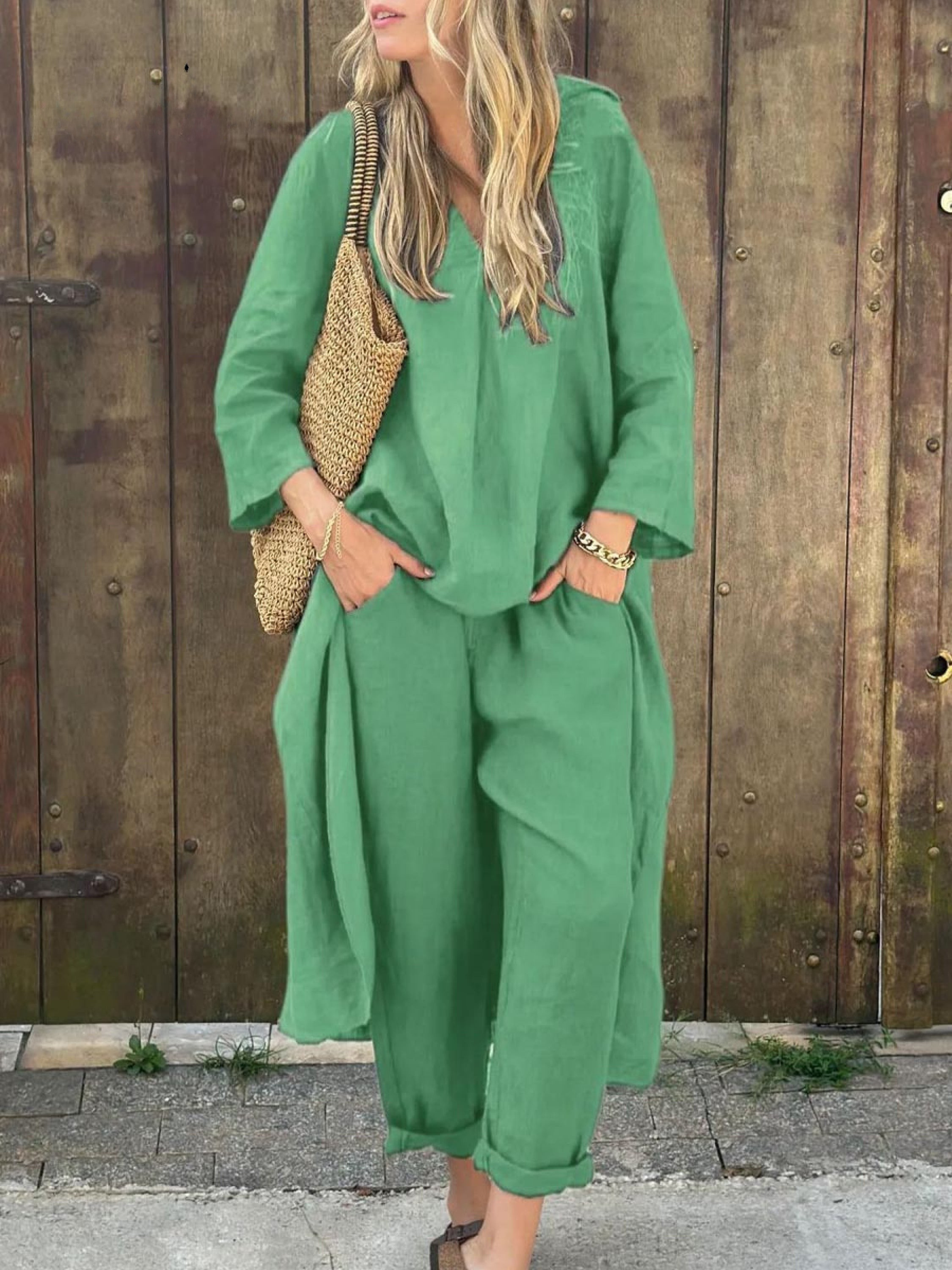 Lila V-neck Top and Wide-leg Pants Set