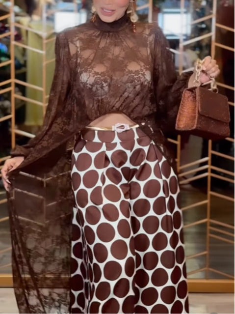 Sienna Lace Robe Top and Polka Dot Trousers Set