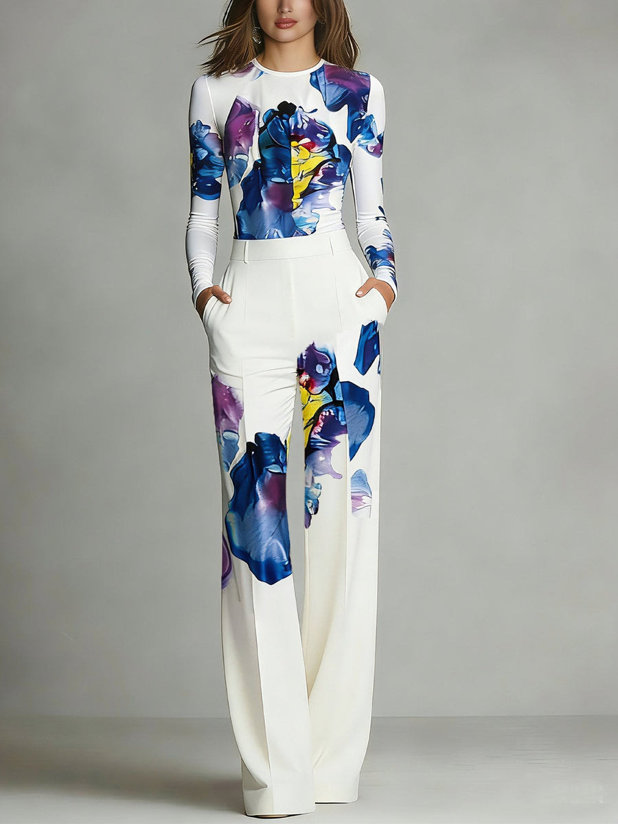 Sienna Color-Blocked Crew Neck Top and Trousers Set