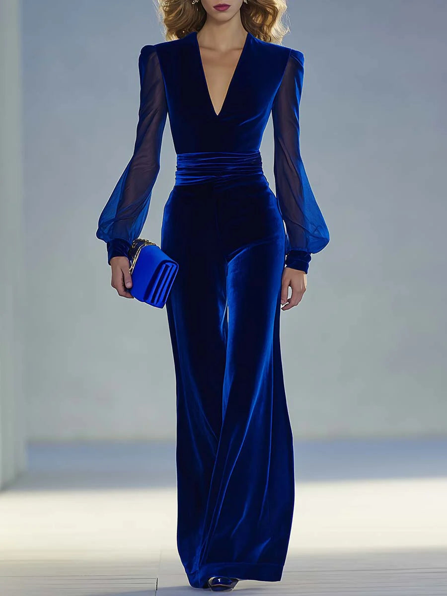 Sabrina | Long Velvet Jumpsuit with V-Neck and Long Sheer Sleeves