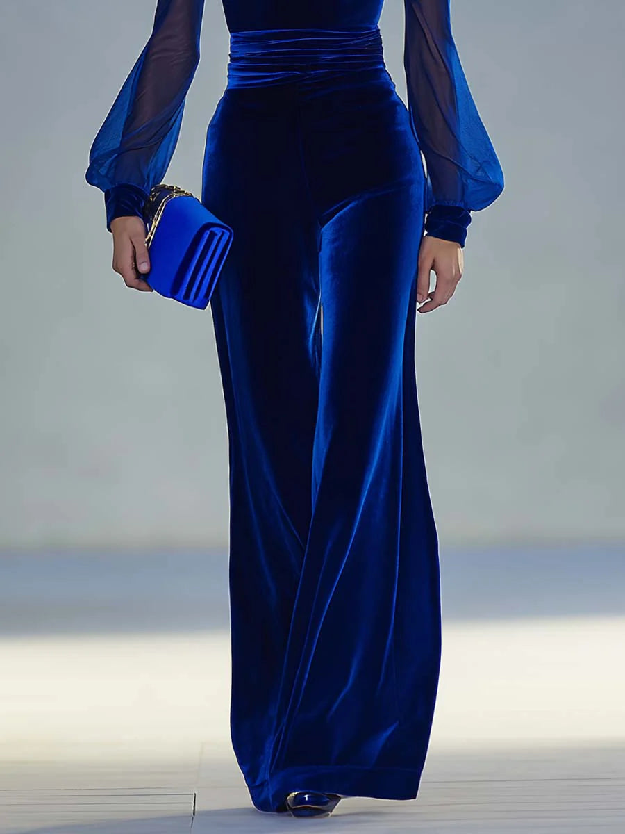 Sabrina | Long Velvet Jumpsuit with V-Neck and Long Sheer Sleeves