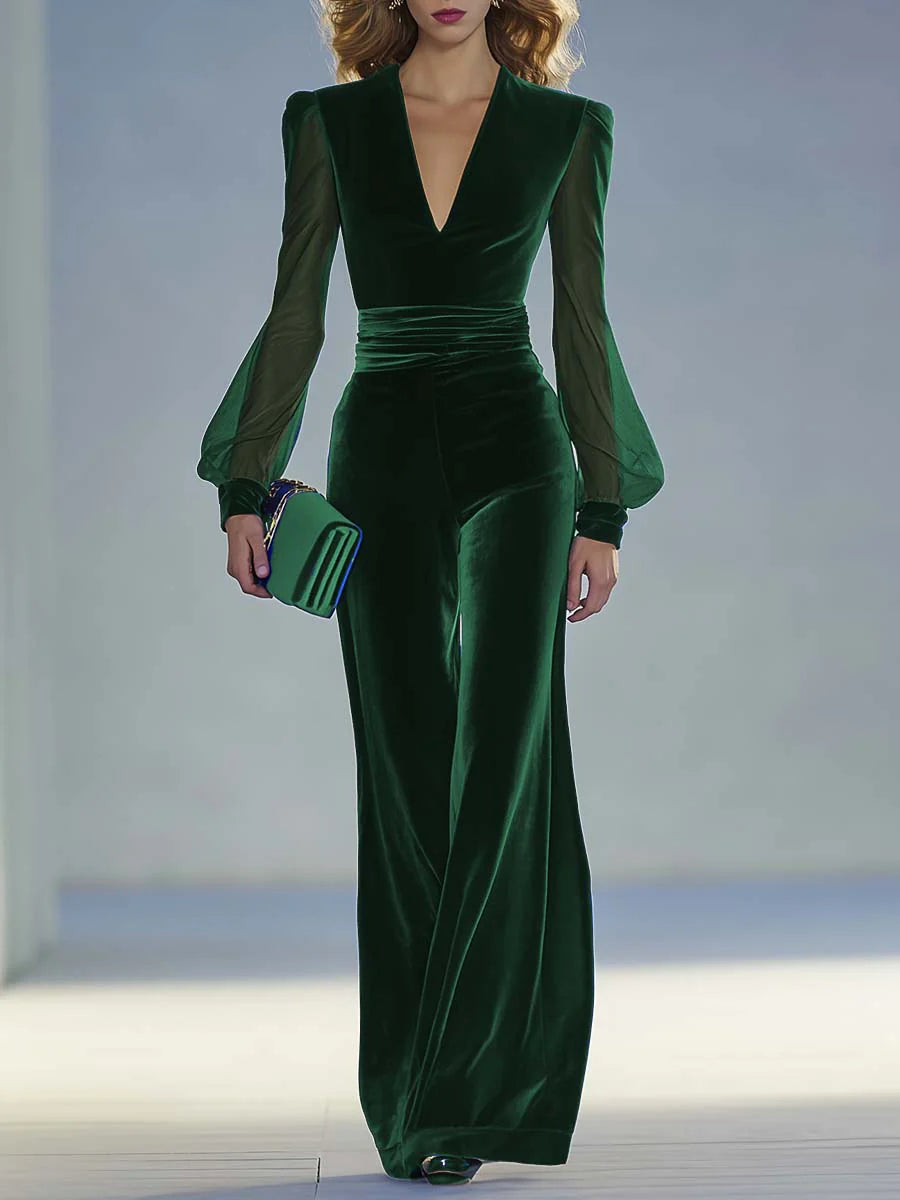 Sabrina | Long Velvet Jumpsuit with V-Neck and Long Sheer Sleeves