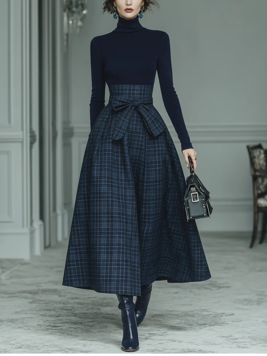 Lila Turtleneck Stretch Top & Plaid Skirt Set