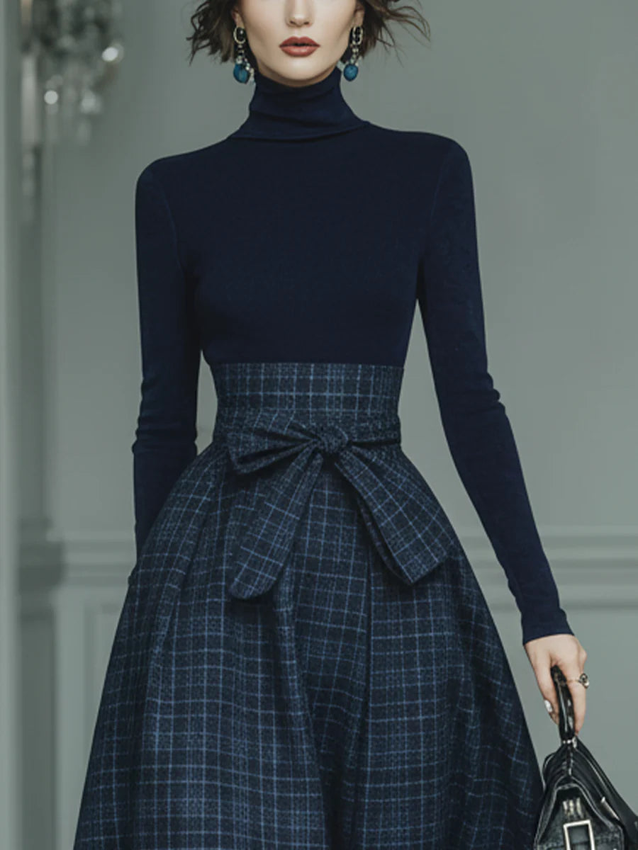 Lila Turtleneck Stretch Top & Plaid Skirt Set