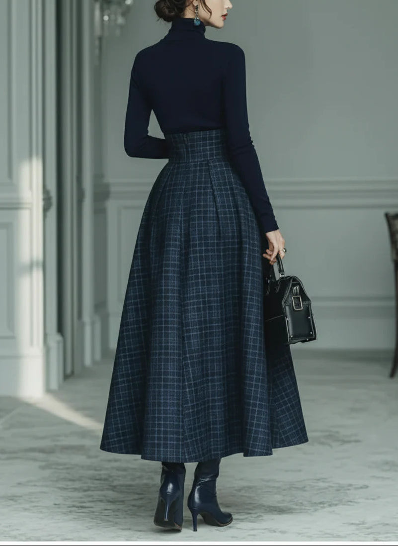 Lila Turtleneck Stretch Top & Plaid Skirt Set
