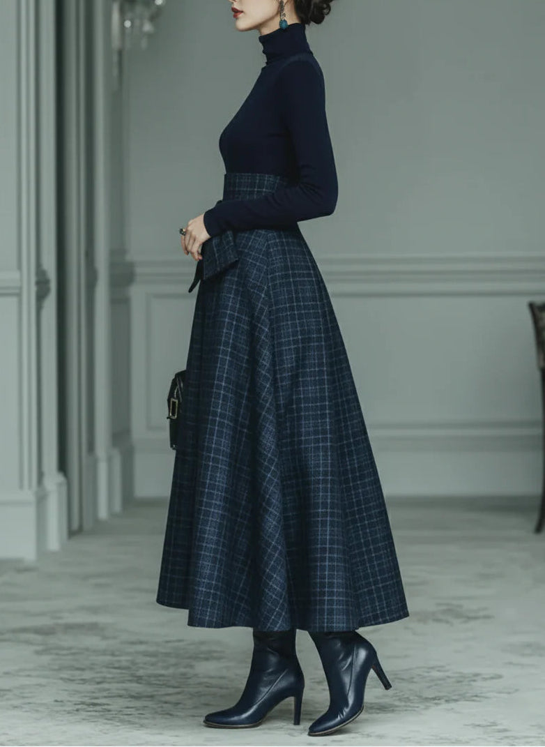 Lila Turtleneck Stretch Top & Plaid Skirt Set