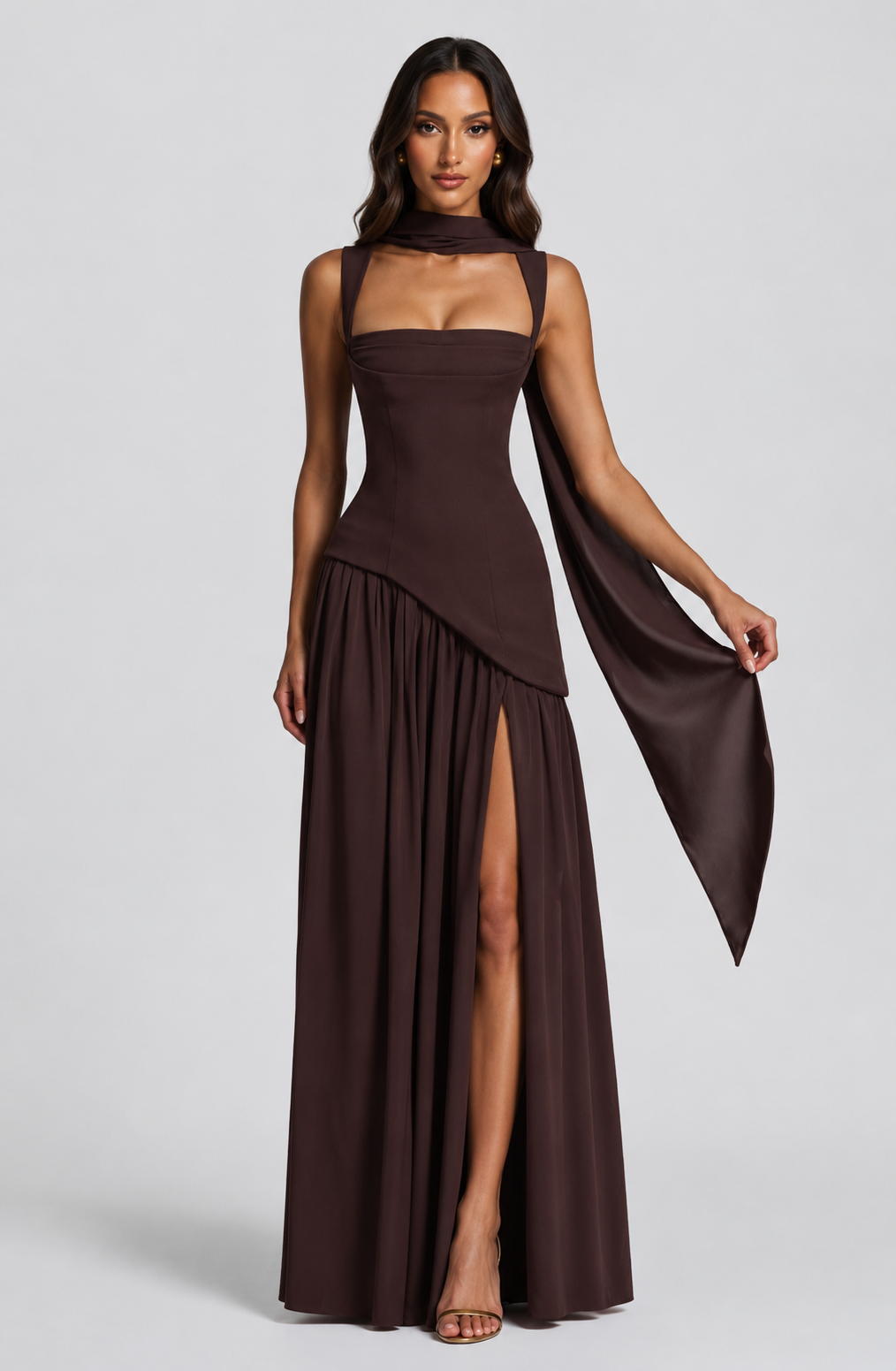 Yasmin Draped Satin Feel Maxi Dress Sculpted Elegant Silhouette