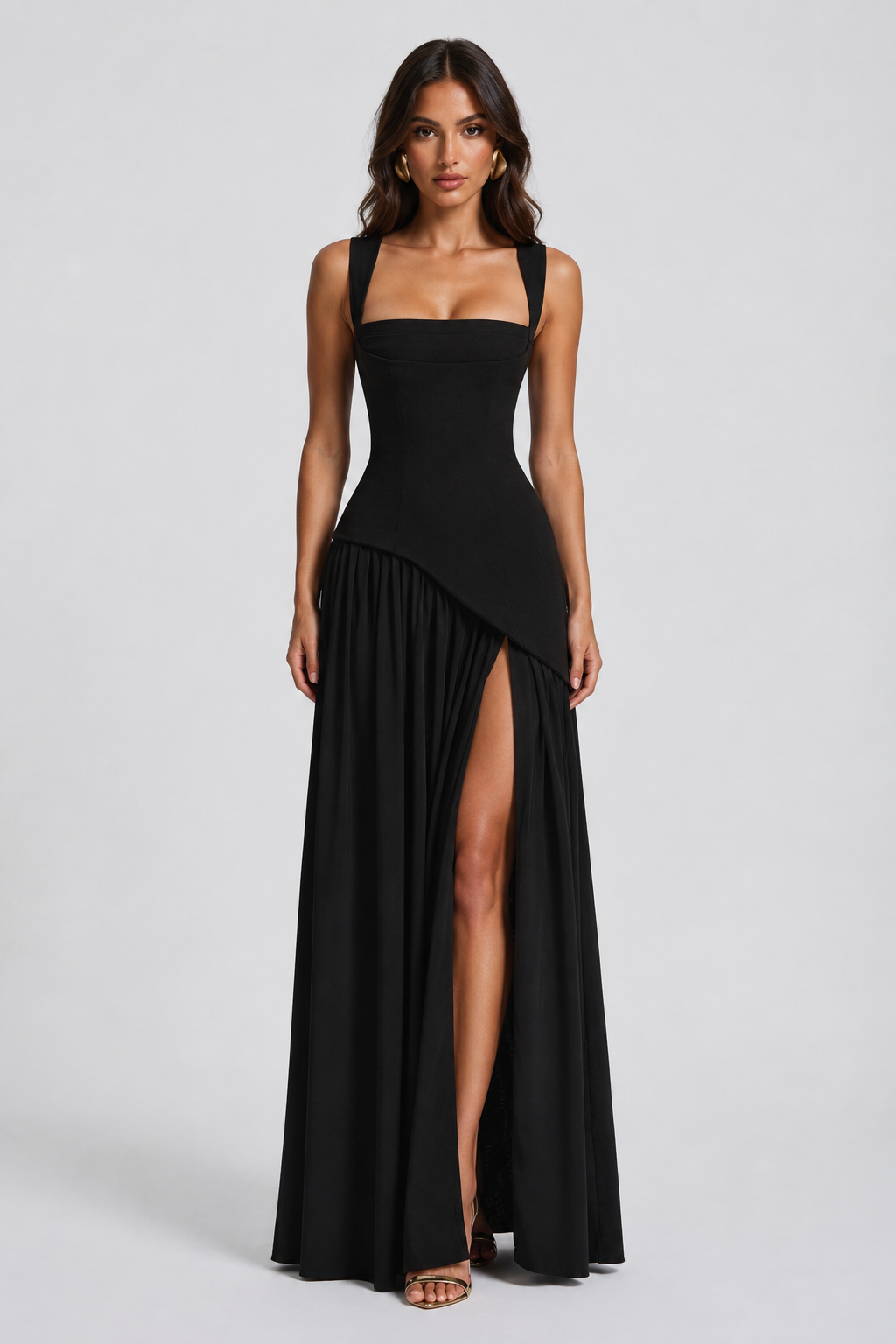 Yasmin Draped Satin Feel Maxi Dress Sculpted Elegant Silhouette