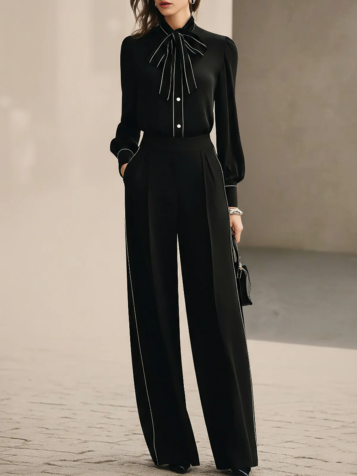 Bianca Bow-tie Blouse and Wide-leg Trousers Set