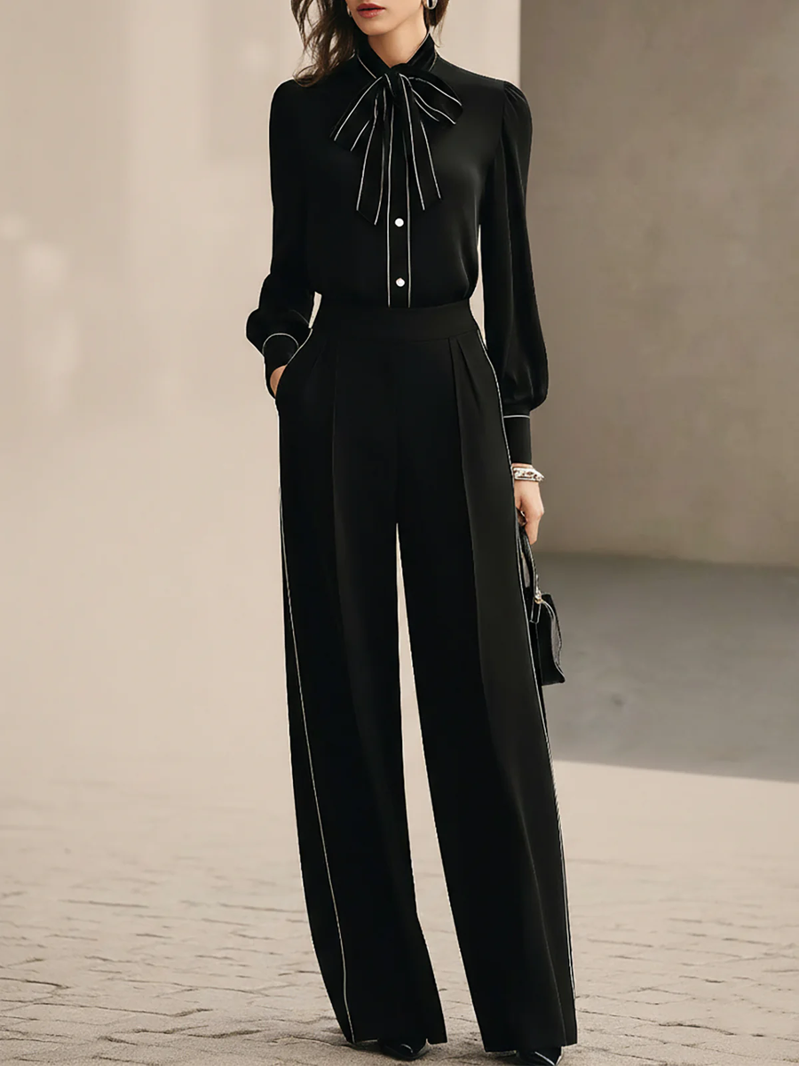 Bianca Bow-tie Blouse and Wide-leg Trousers Set