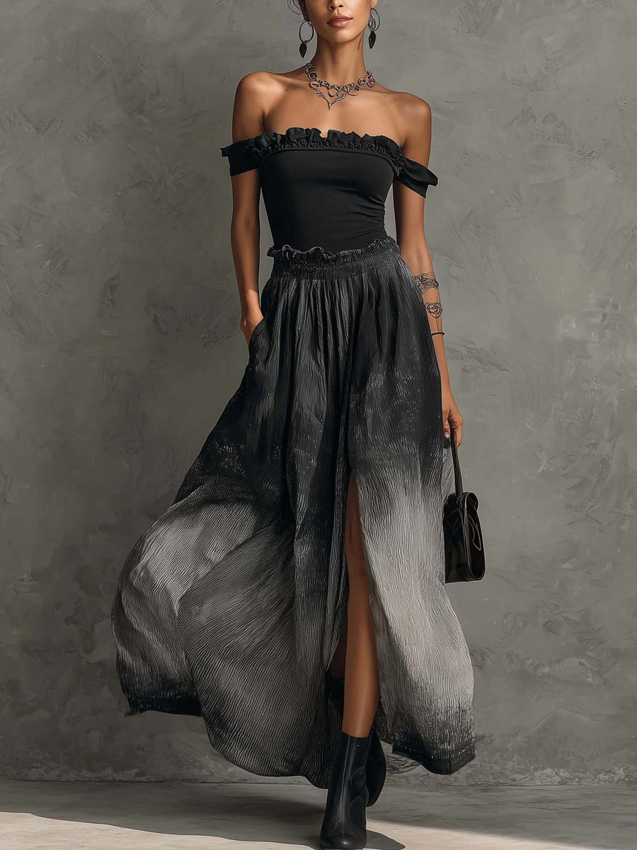 Serena Off Shoulder Ruffle Top & Gradient Pleated Maxi Skirt Set