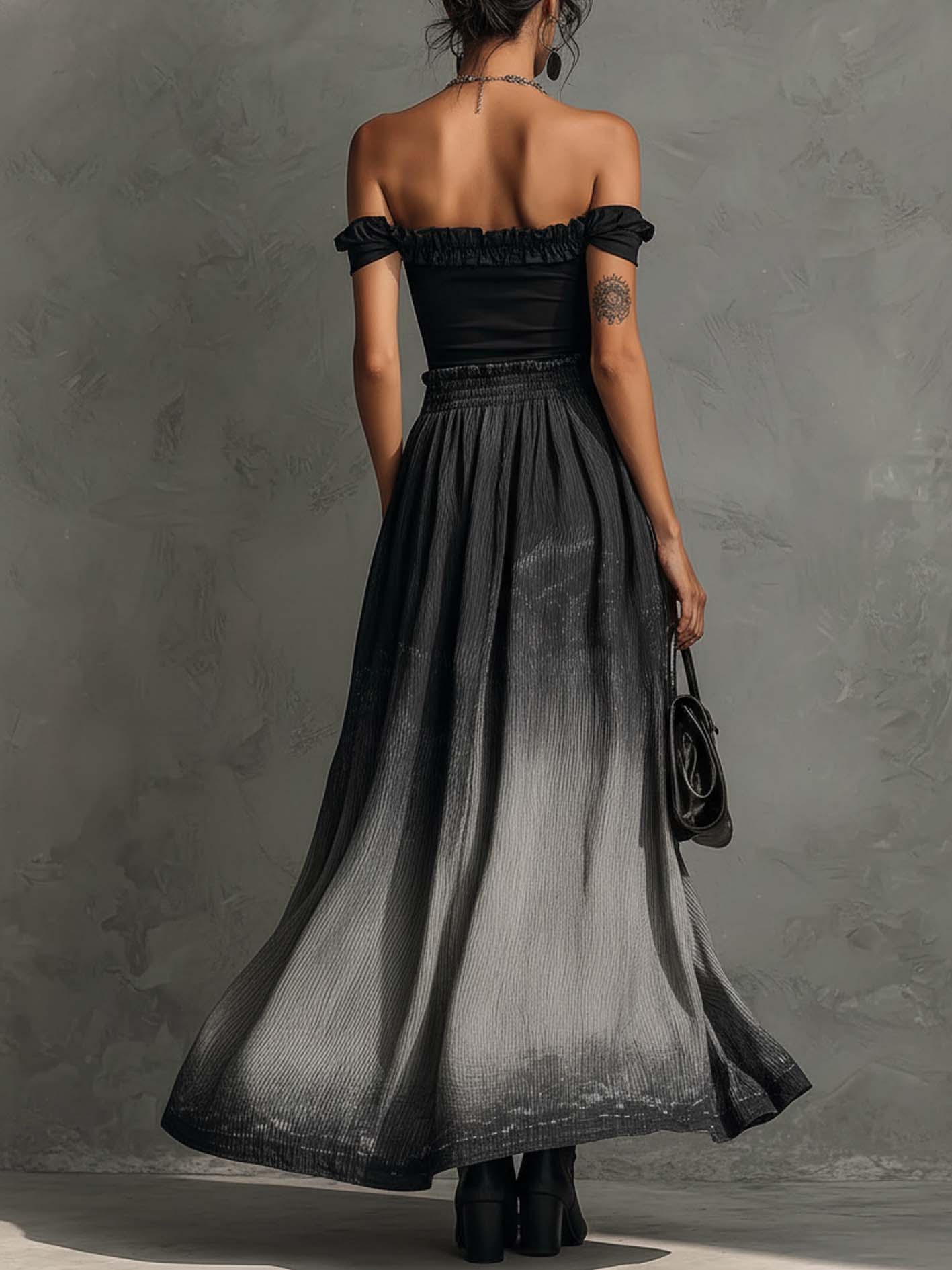 Serena Off Shoulder Ruffle Top & Gradient Pleated Maxi Skirt Set