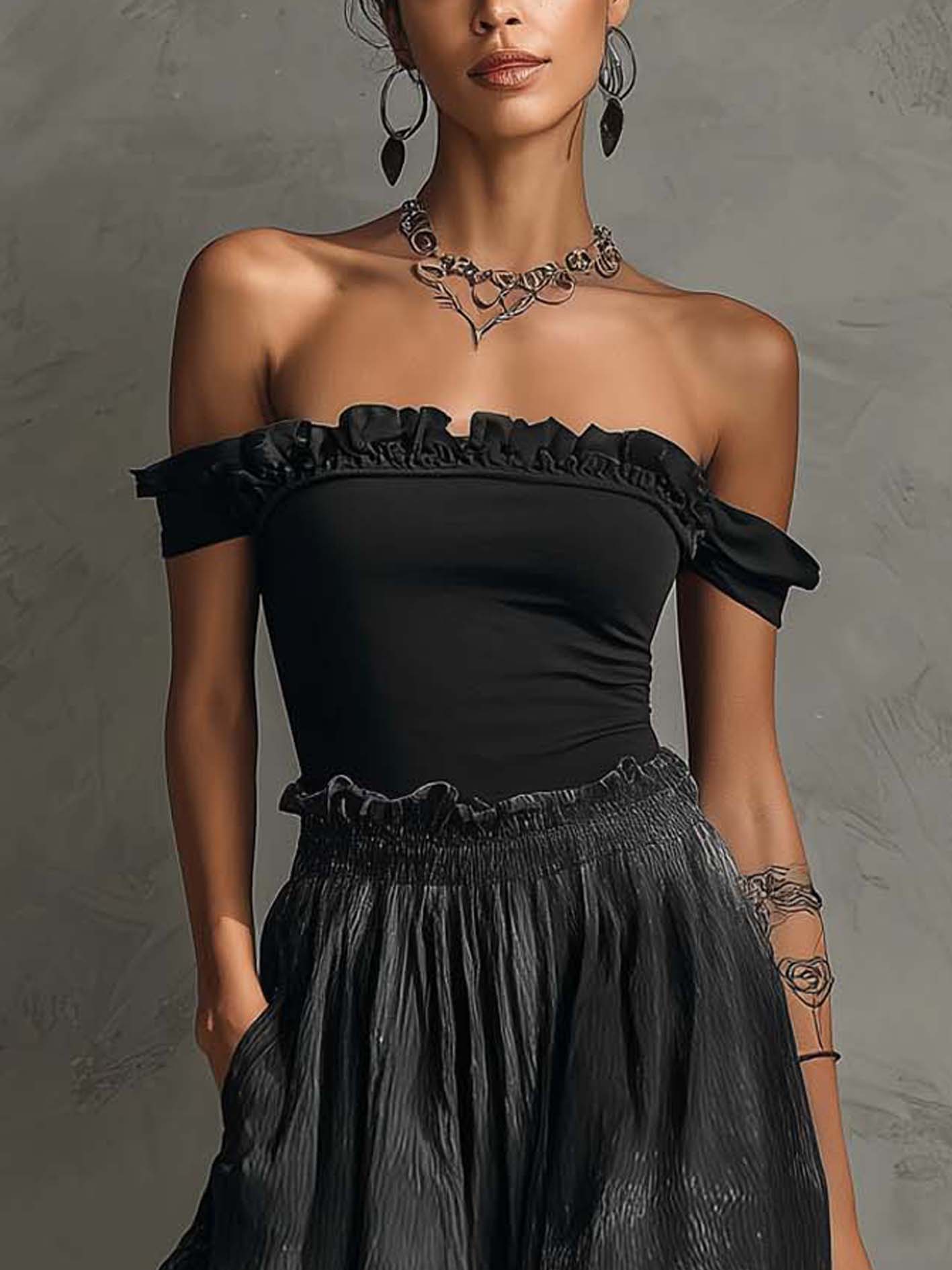 Serena Off Shoulder Ruffle Top & Gradient Pleated Maxi Skirt Set