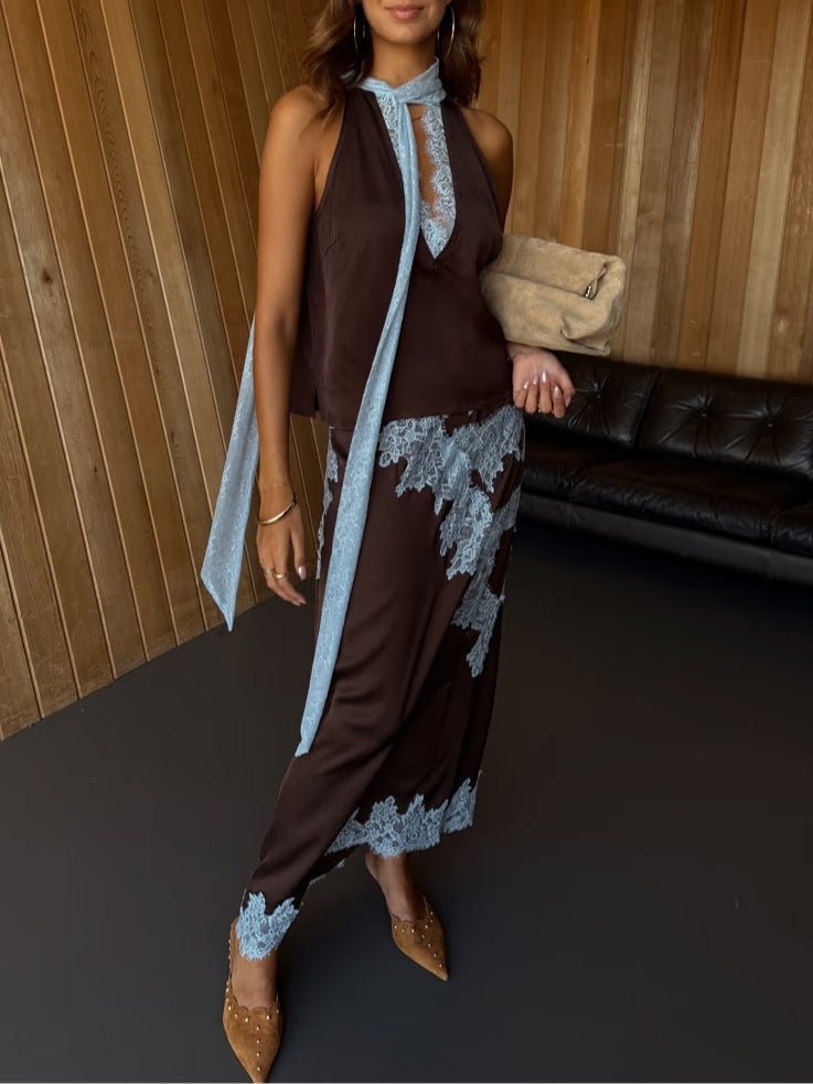 Isabella Lace Panel Top and Skirt Suit Set