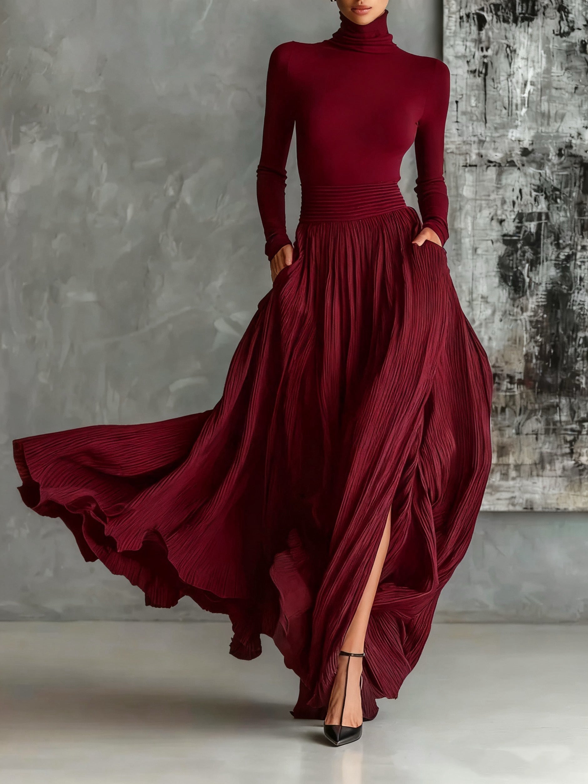Samantha All Black Turtleneck and Pleated Skirt Set