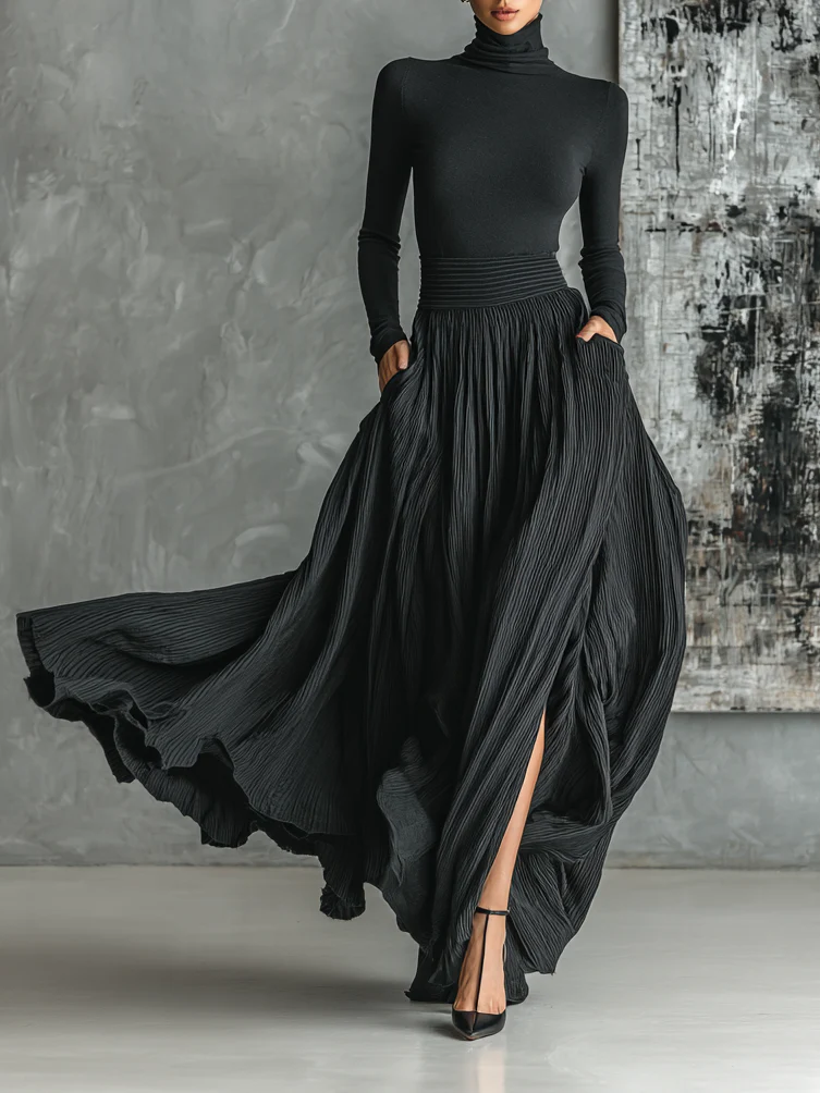 Samantha All Black Turtleneck and Pleated Skirt Set