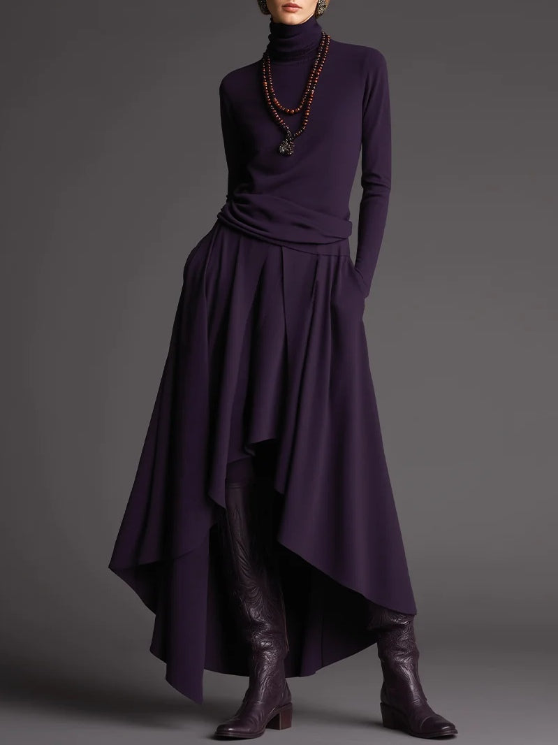 Lilac Turtleneck Top and Asymmetrical Skirt Set