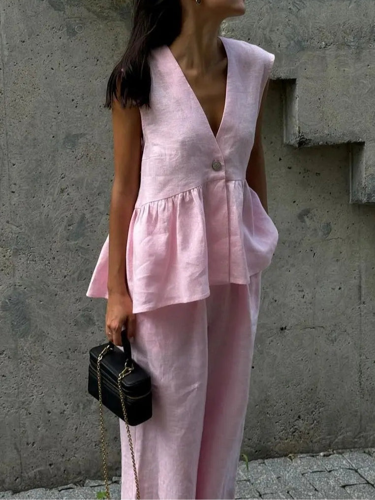 Lila V-Neck Ruffled Two-Piece Suit