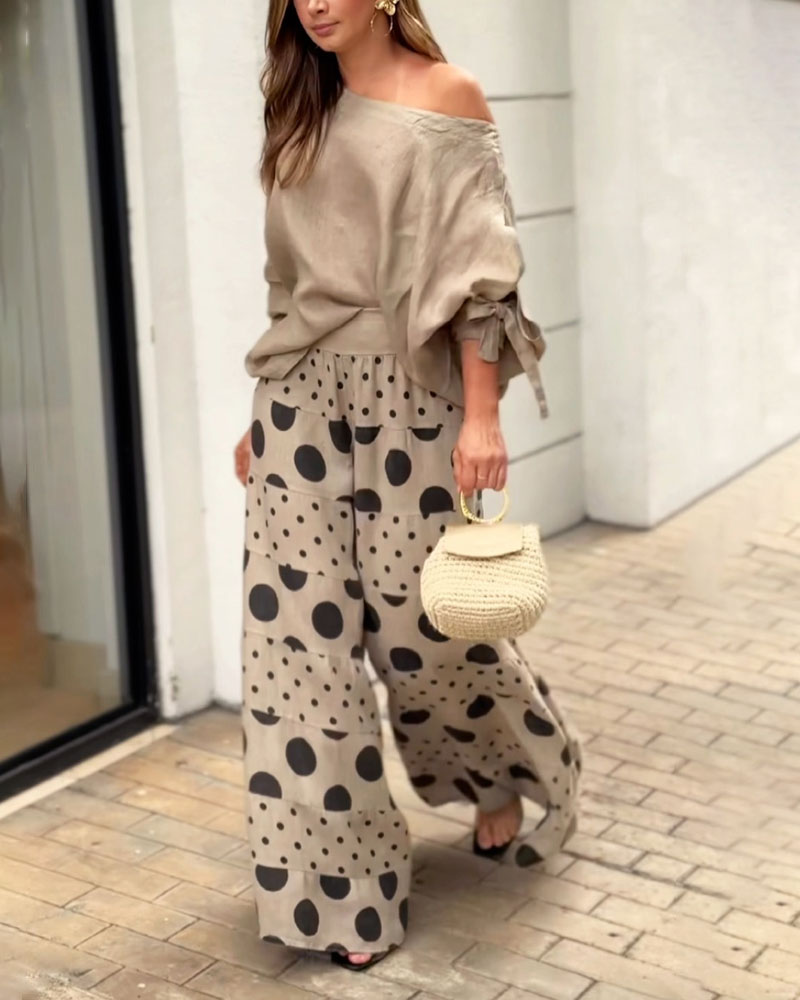 Samantha Casual Shoulder Top & Printed Pants Set