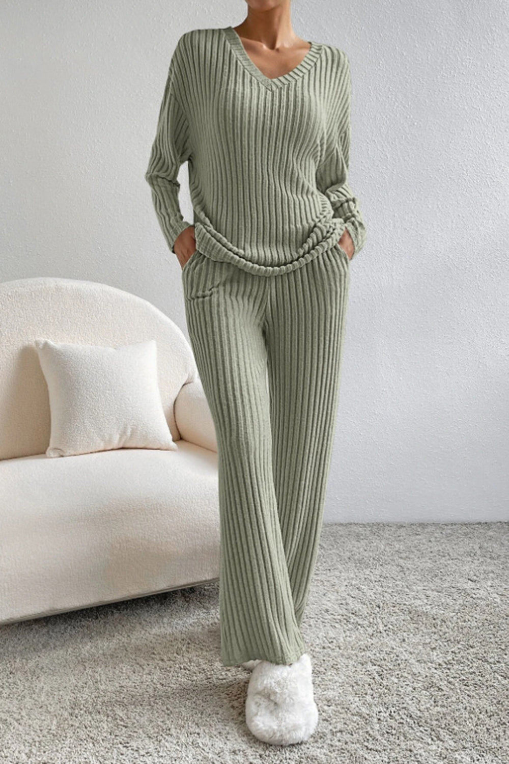 Sofia Ribbed V-Neck Top and Pants Set