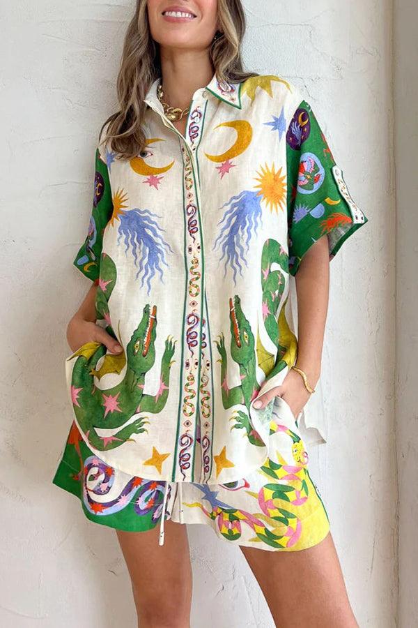 Heavenly Print Blouse and Pocketed Shorts Set
